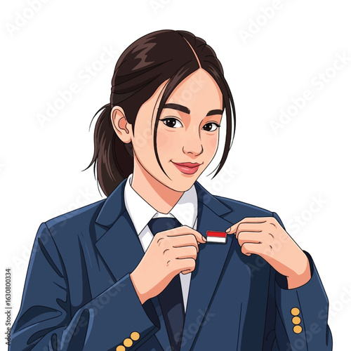 A young woman in a blazer pinning a small Indonesian flag.