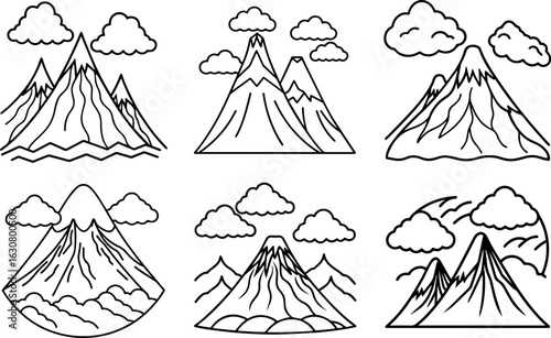 Set of Volcano mountains with clouds black outline vector and illustration, coloring book page