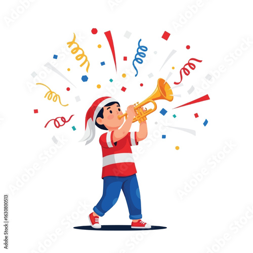 A boy in a Christmas hat plays a trumpet surrounded by festive confetti.