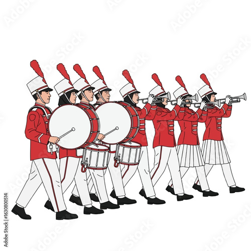A marching band of students in red and white uniforms, playing instruments and drums, performing a parade.