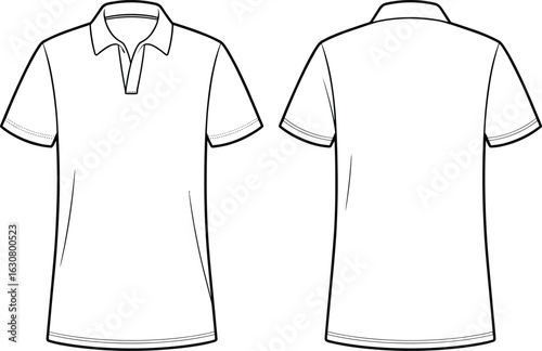 Technical drawing, polo shirt design, front view, back view, short sleeves, open placket, collar detail, plain back, garment sketch, fashion illustration