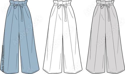 Wide-leg pants with paper bag waist, drawstring tie, pleated front, high waist design, fashion illustration, color variation, garment reference