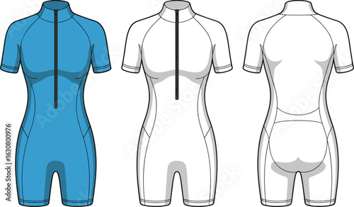 Zippered bodysuit front and back view, high collar, seam panel design, fashion illustration, garment template, fitted style, apparel sketch