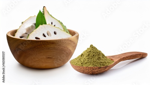 fresh soursop fruit and its nutritious powder in a wooden bowl and spoon isolated on white background