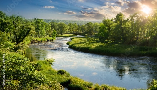 a winding river flows through lush greenery reflecting sunlight on its shimmering surface creating a serene natural landscape