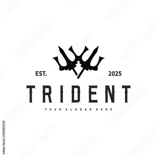 Trident logo weapon concept,  pitchfork weapon as a symbol of poseidon, neptune, the god of the sea, design illustration concept for product brand, shop, template and poster