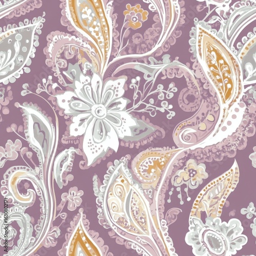A purple and white floral pattern with a gold and tan background