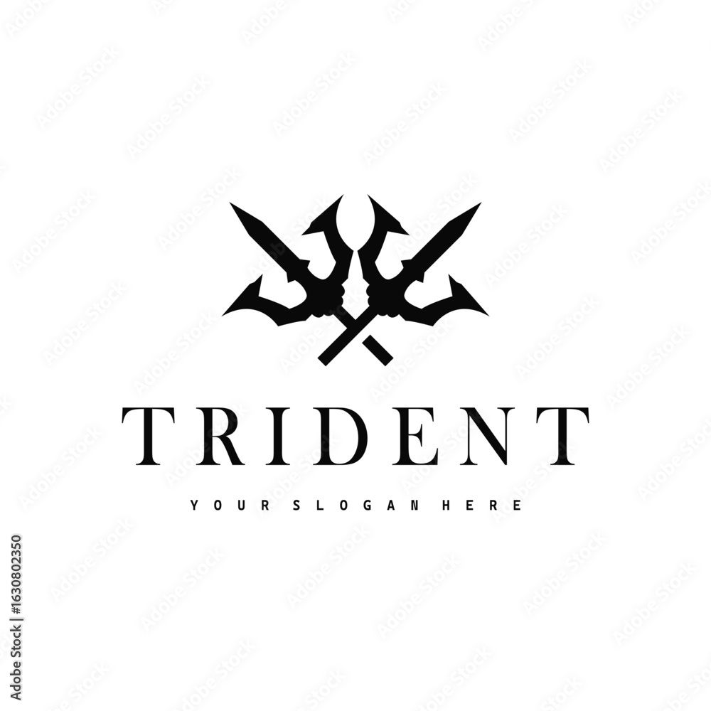Obraz premium Trident logo weapon concept, pitchfork weapon as a symbol of poseidon, neptune, the god of the sea, design illustration concept for product brand, shop, template and poster