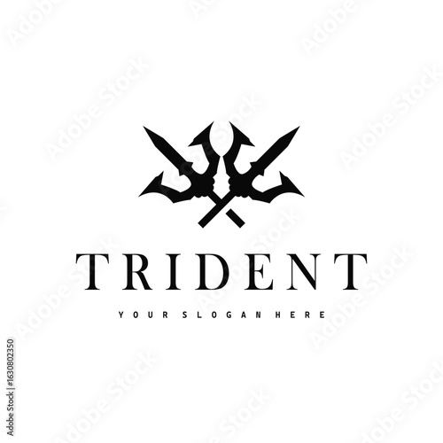 Trident logo weapon concept,  pitchfork weapon as a symbol of poseidon, neptune, the god of the sea, design illustration concept for product brand, shop, template and poster