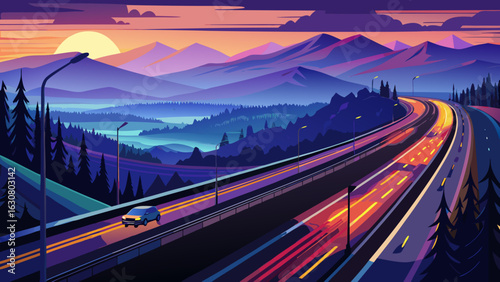 Evening light fades above the speeding Autobahn. Headlights streak across asphalt lanes. Silhouettes of trees blur past. Distant mountains darken slowly beneath skies painted in lavender, amber, and b