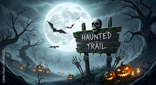Spooky haunted trail sign illuminated by a giant full moon with bats flying amidst eerie forest scenery
