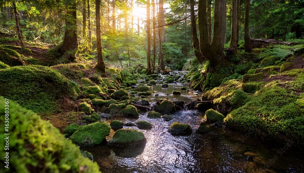 Obraz premium highlight subtle interplay of light and shadow serene setting of a mossy forest floor with a gentle creek flowing through it