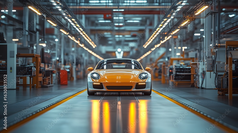 Obraz premium A gleaming yellow sports car sits centered on the assembly line inside a brightly lit automobile factory ready for the next stage of manufactu process.