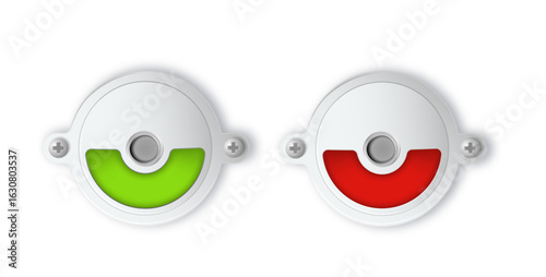 Toilet or restroom locks green and red round metal isolated on white. Occupied and Free. Regular public restroom door mechanism indicating. Vector