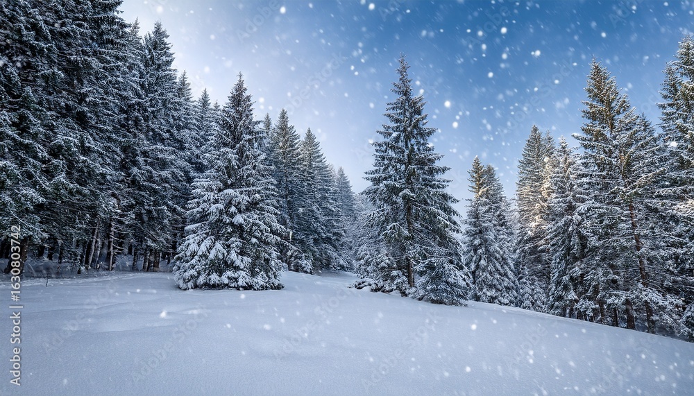 Fototapeta premium snow falling on pine trees in winter scenery