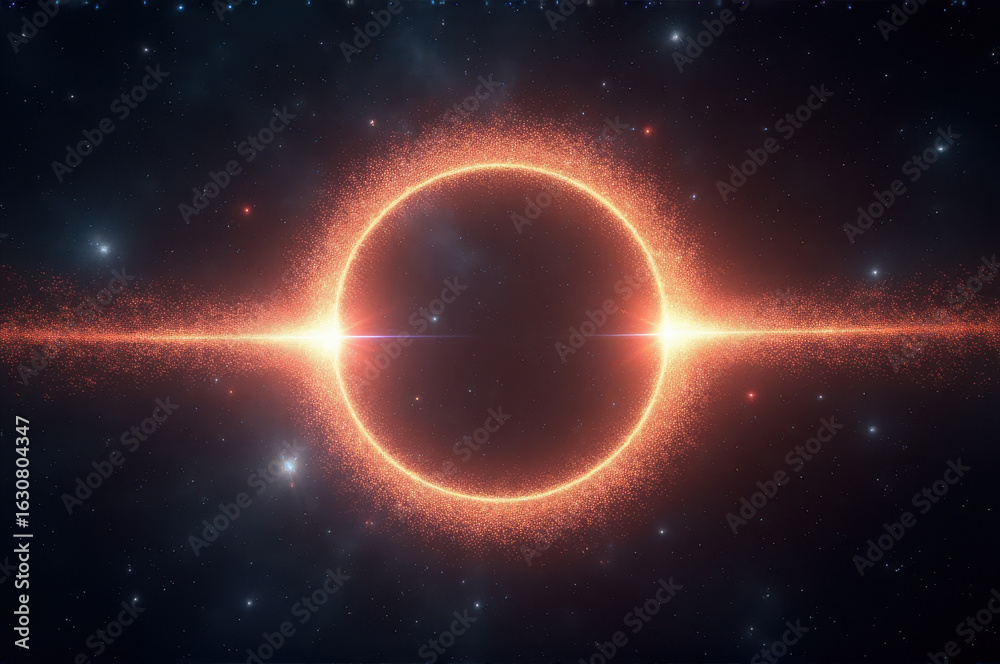 Obraz premium luminous orange ring resembling solar eclipse against starry night sky. cosmic phenomenon with glowing edges and space elements. astronomy, sci-fi themes. background, poster, digital art.