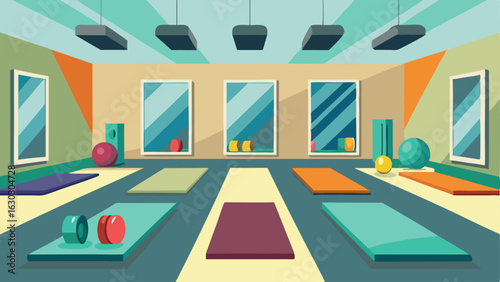 A group fitness studio with mirrors lining the wall and colorful yoga mats laid out on the floor.