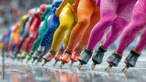 Speed skaters in vibrant colors glide across ice