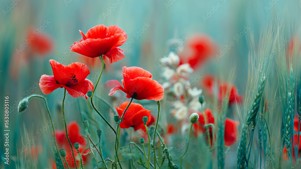 Fototapeta premium Red poppies blooming in a summer meadow