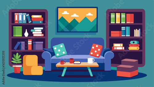 A lounge area with comfortable couches and a bookshelf filled with board games