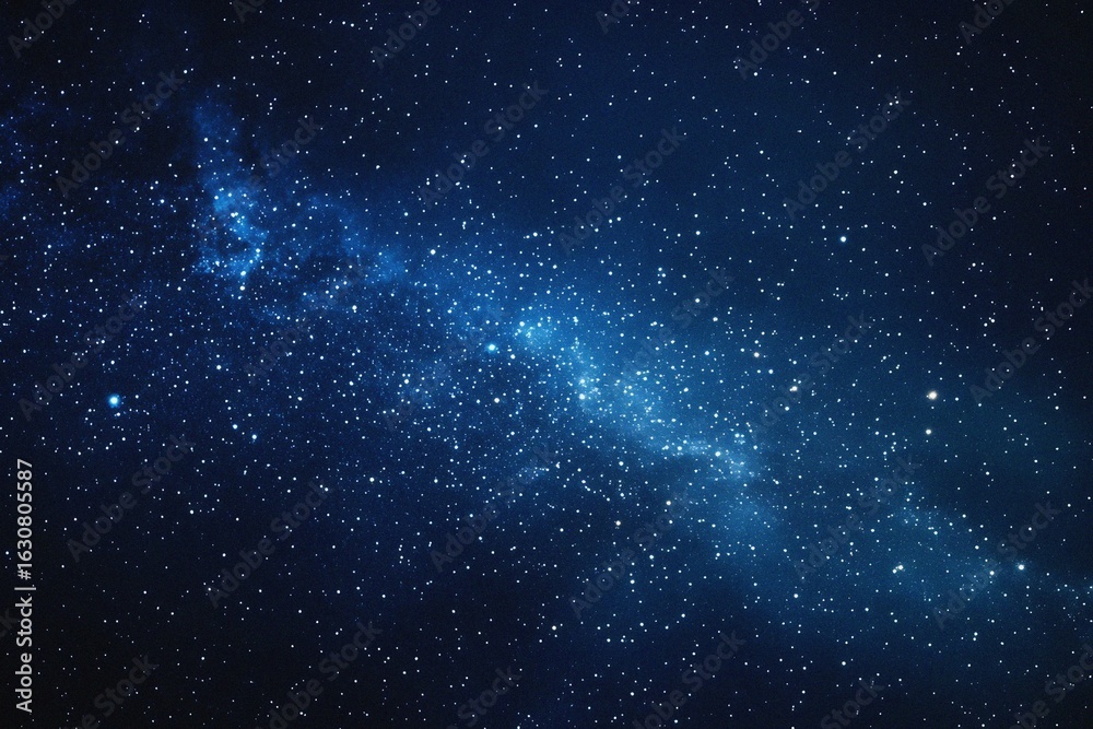 Fototapeta premium Starry sky background, blue night sky full of stars, glowing stars in the dark space, starry background, dark night, stars in the distance, starlight, dark background with a blue glow, night sky. 