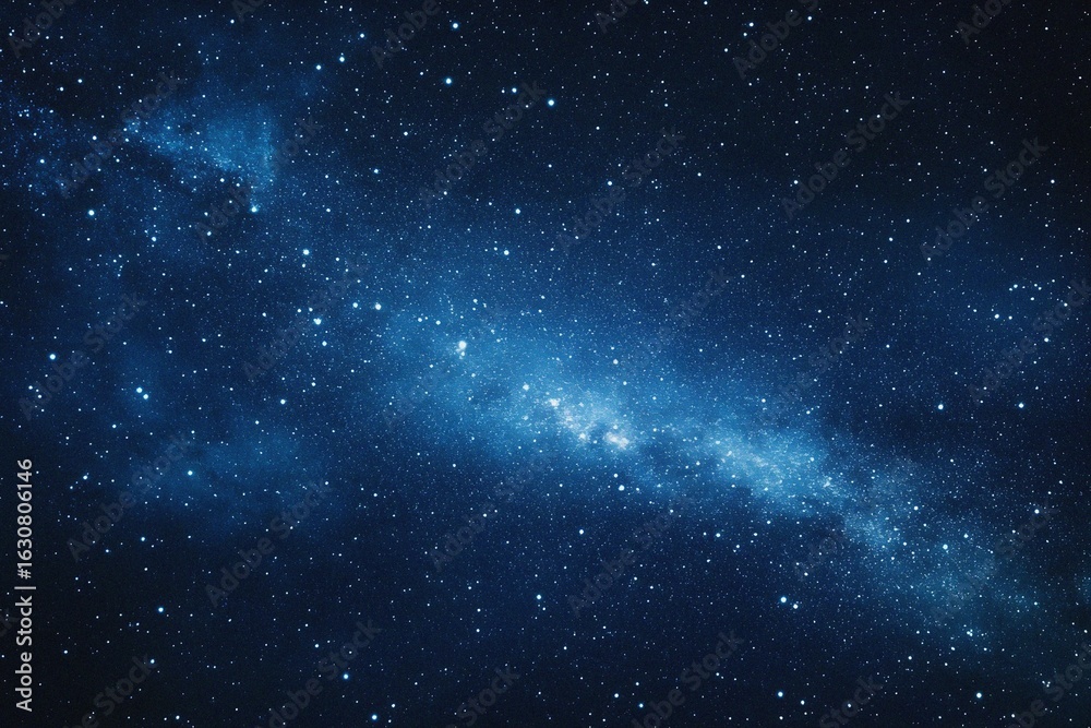 Naklejka premium Starry sky background, blue night sky full of stars, glowing stars in the dark space, starry background, dark night, stars in the distance, starlight, dark background with a blue glow, night sky. 