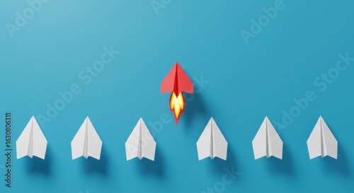 Standing Out A Red Paper Airplane Soars Ahead of a Row of White Airplanes Against a Blue Background