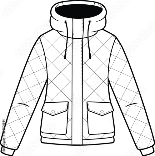 Diamond quilted puffer jacket flat vector illustration, a detailed technical drawing of winter outerwear apparel, perfect for fashion design and clothing projects