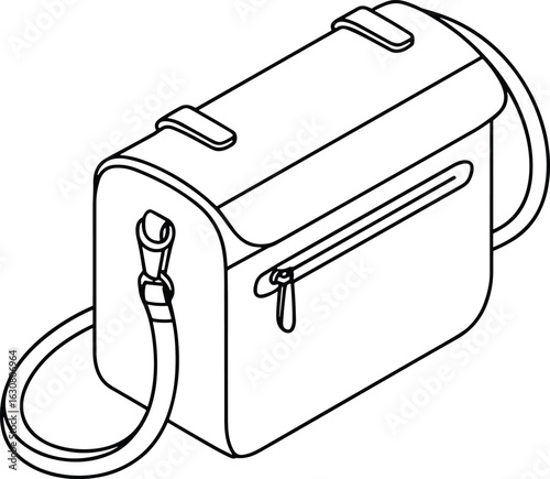 Isometric messenger bag flat vector illustration, a detailed technical drawing of a classic crossbody bag design, perfect for accessory and fashion projects