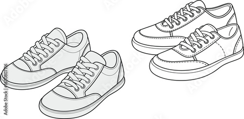 Two pairs of casual sneakers flat vector illustration, a detailed technical drawing of athletic footwear design, perfect for fashion and shoe design projects