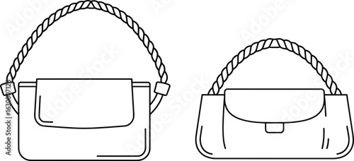 Two stylish flap handbags with rope handles flat vector illustration, elegant women's accessory design for fashion and luxury projects