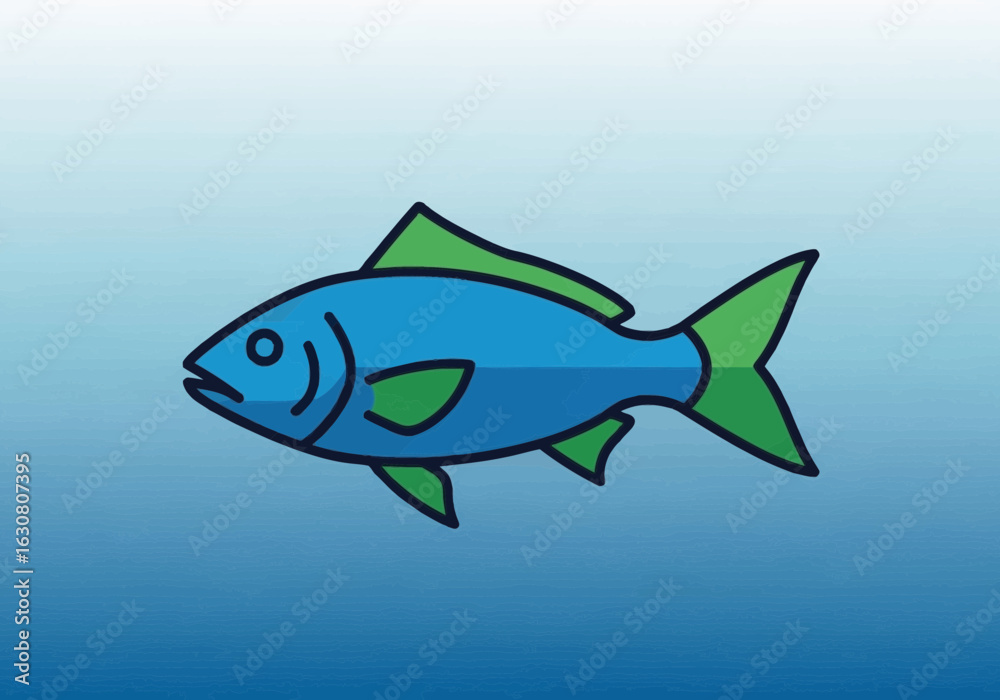 Obraz premium Blue cartoon fish swimming in the water on a blue gradient background.
