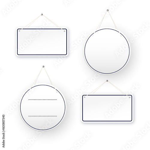 White round shop door signs hanging isolated on transparent background. Empty or blank sign for store, restaurant or cafe. Vector