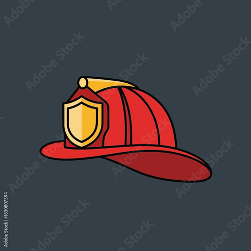 Red firefighter helmet with a golden badge on a dark gray background.