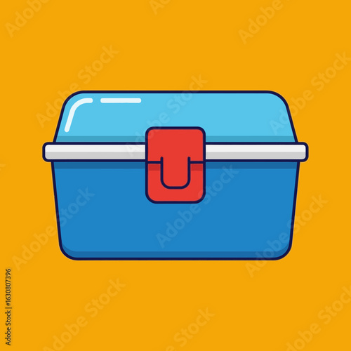 Blue metal toolbox with red clasp on a yellow background.