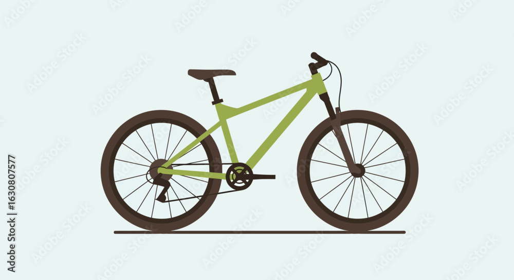 Fototapeta premium Green Mountain Bicycle with Dark Wheels on a Light Blue Background
