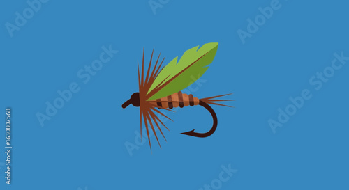 Detailed Artificial Fishing Fly Lure with Feathers on a Blue Background