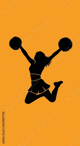 Energetic Cheerleader Silhouette Jumping with Pom-Poms on Orange Background