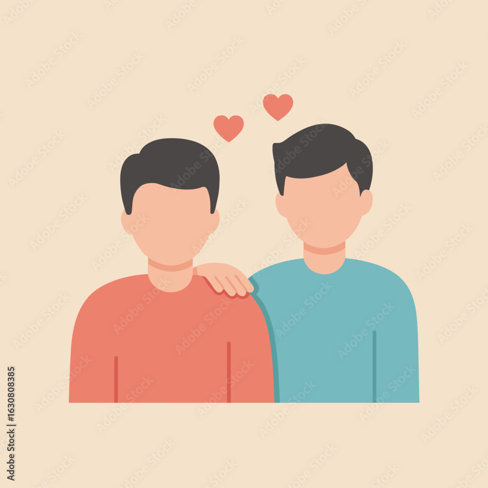 Obraz premium Two young men embracing each other with love hearts in background 