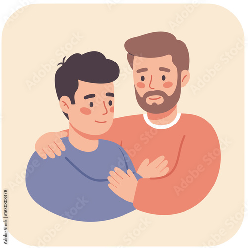 Two men embracing and smiling together in an illustrated style  