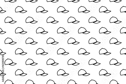 Seamless pattern completely filled with outlines of baseball cap symbols. Elements are evenly spaced. Illustration on transparent background