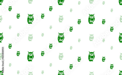 Seamless pattern of large and small green owl symbols. The elements are arranged in a wavy. Illustration on light green background