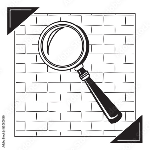 Illustration of a magnifying glass against a brick wall, symbolizing investigation, research, and the search for details, isolated on white background, representing a quest for knowledge