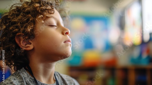 Medium shot of an attentive kid inhaling deeply in a bright classroom breathing nook surrounded by softly blurred shelves and colorful educational posters out of focus behind.
