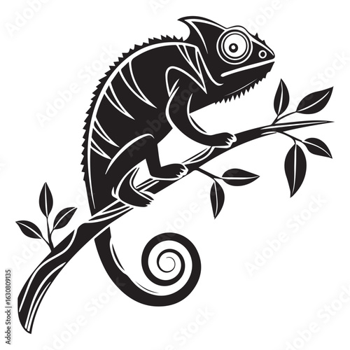 Illustration of a chameleon perched on a branch with leaves, showcasing its unique adaptation and camouflage abilities, isolated on white background, representing nature and wildlife