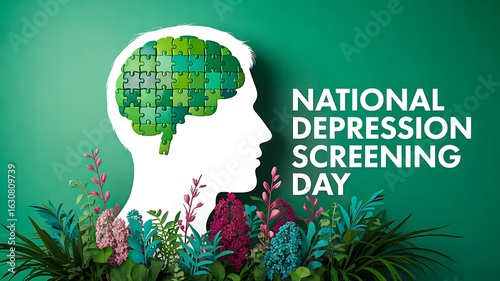 Mental health awareness concept with brain puzzle illustration for depression screening