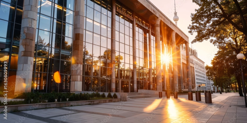 Fototapeta premium Berlin, germany, sun shining behind the haus der berliner festspiele at sunrise