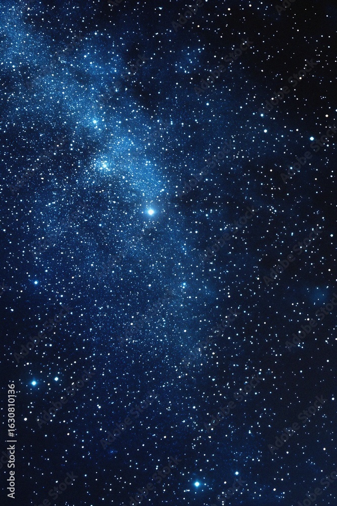 Fototapeta premium Starry sky background, blue night sky full of stars, glowing stars in the dark space, starry background, dark night, stars in the distance, starlight, dark background with a blue glow, night sky. 
