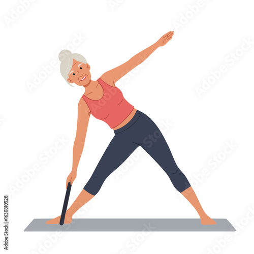 Vector illustration of senior woman doing pilates on white background