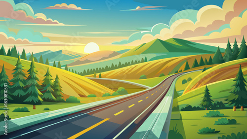 Daisies bloom beside the quiet lanes. Distant farms rest under soft clouds. Birds circle above meadows. Asphalt gleams faintly, untouched by traffic—framing perfect solitude in endless natural harmony
